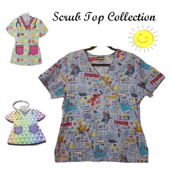 SESAME STREET Scrub Top & 2 Handmade Scrub top key chains - Scrub Top Collection - Picture 1 of 14